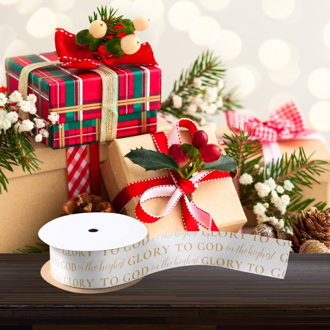 Lazo De Raso Biblia de oro moderna versus Navidades religiosos (Modern, gold and white, Glory to God Bible verse, religious Christmas gift wrap ribbon)
