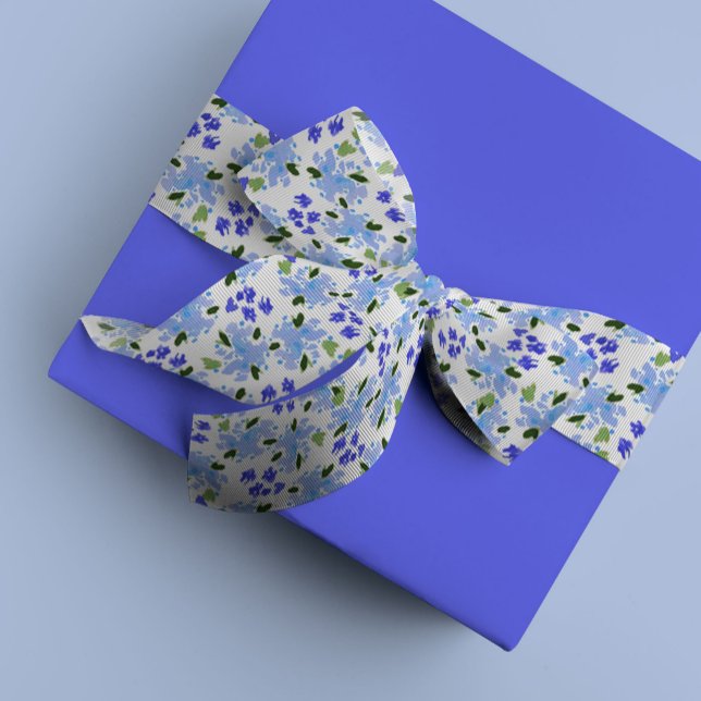 Lazo De Raso Blue Watercolor Floral Garden (Blue floral garden watercolor grosgrain or satin ribbon.)