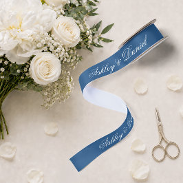 Lazo De Raso Boda Azul Clásico Caligrafía de Escritura Elegante