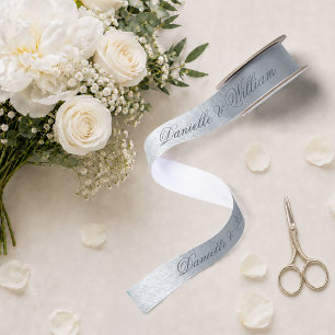 Lazo De Raso Boda elegante gris metálico falso con letra script