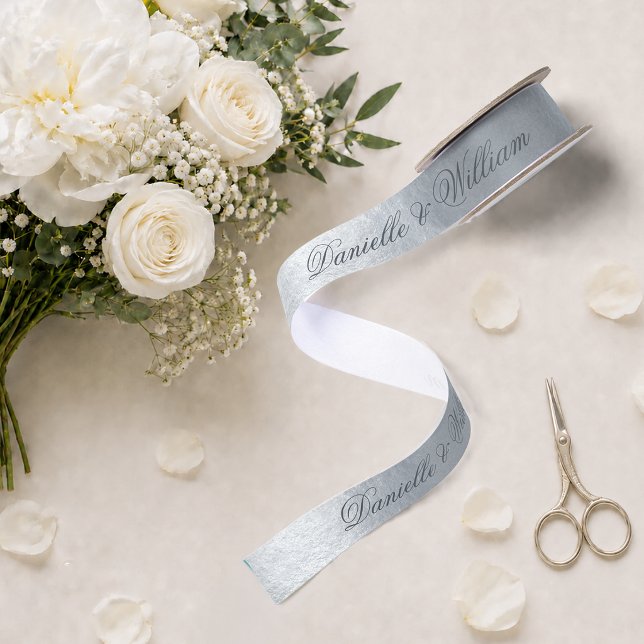 Lazo De Raso Boda elegante gris metálico falso con letra script (Subido por el creador)