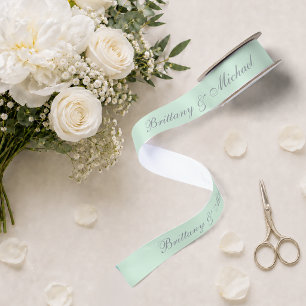 Lazo De Raso Boda Verde Menta Caligrafía Elegante Script
