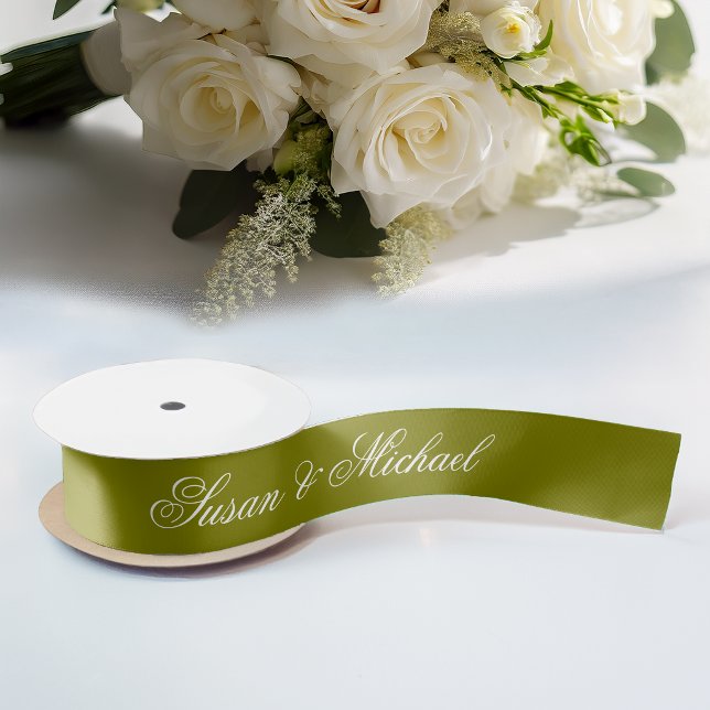 Lazo De Raso Boda Verde Oliva Elegante Caligrafía Script  (Subido por el creador)