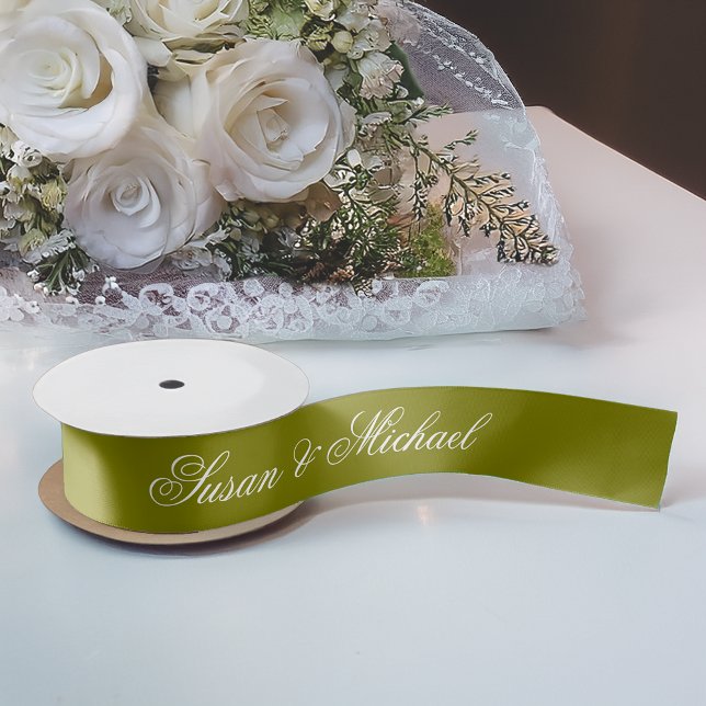 Lazo De Raso Boda Verde Oliva Elegante Caligrafía Script  (Subido por el creador)