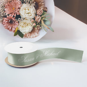 Lazo De Raso Boda Verde Salvia Escritura Caligráfica Elegante