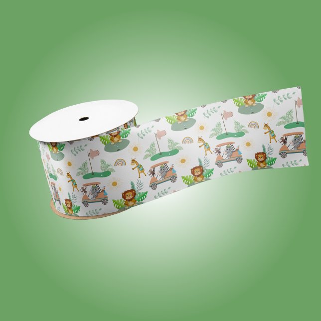 Lazo De Raso Boho Bebé Elefante, Mono, León Patrón de Golf para (Wrap your Baby Shower gift with this adorable Golf Themed Elephant And Monkey Ribbon!)