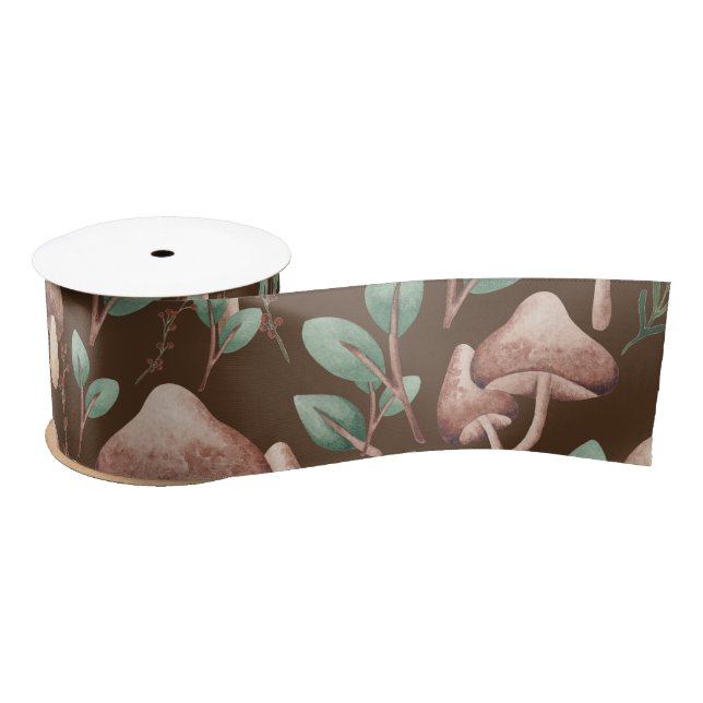 Lazo De Raso Boho Eucalyptus Forest Mushrooms Dark Brown (Carrete)