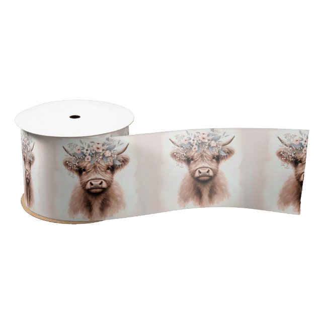 Lazo De Raso Boho Highland Cow Con Laurel De Flor (Carrete)