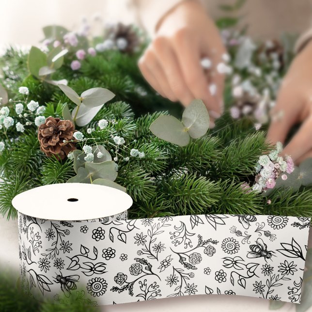 Lazo De Raso Boho Summer Floral Honey Patrón de Abeja Blanco Cu (Subido por el creador)