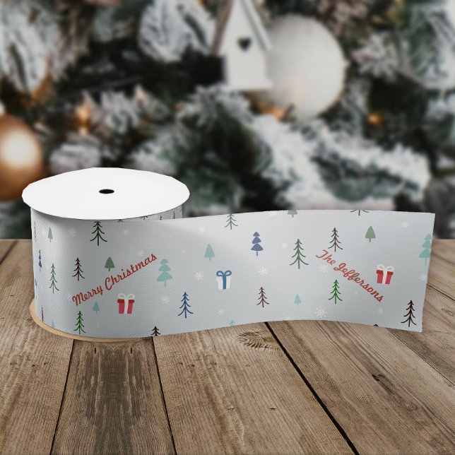 Lazo De Raso Bosque de Navidades escandinavos (Custom Scandinavian Christmas snow forest ribbon with your greeting and name.)