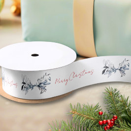 Lazo De Raso Botánico Azul Feliz Navidad Rojo y Blanco