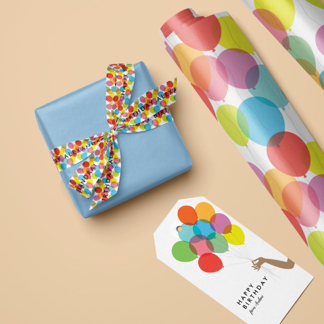 Lazo De Raso Brillantes globos de cumpleaños con texto (Colorful birthday balloon patterned ribbon with custom personalized text for a message and name)