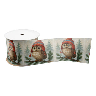 Lazo De Raso Búho acuarela con gorro de invierno