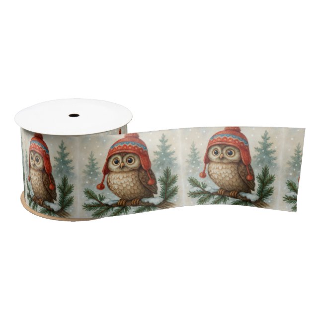 Lazo De Raso Búho acuarela con gorro de invierno (Carrete)