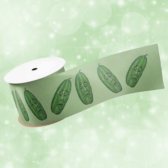 Lazo De Raso Bunch Funny faces on Green Pickles on light Green (bunch of green pickles with funny faces green eyes on light green gift wrap or craft ribbon.)