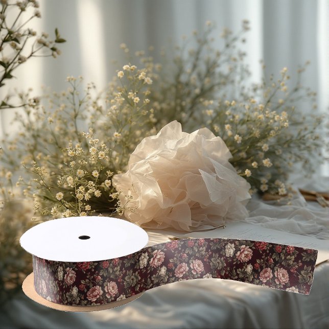 Lazo De Raso Burgundy Chinoiserie Christmas Romantic Floral Art (Burgundy Chinoiserie Christmas Romantic Floral Art Satin Ribbon)