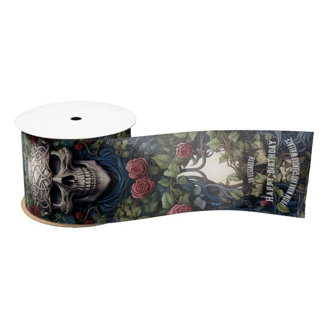 Lazo De Raso Calavera azul con Rosas y flores de maíz (Carrete)