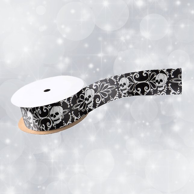 Lazo De Raso Calaveras Negro Blanco Damasco Rollos (White Skulls on black white damask pattern on roll of craft or gift wrap ribbon.)