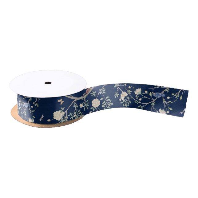 Lazo De Raso Camellia Garden Navy Blue Chinoiserie (Carrete)