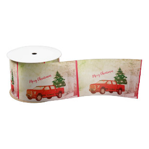 Lazo De Raso Camión Rojo Retro Vintage Feliz Cinta de Navidad