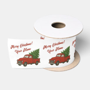 Lazo De Raso Camioneta roja antigua con árbol de Navidad