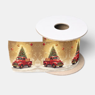 Lazo De Raso Camioneta Roja Vintage con Cinta de Árbol de Navid