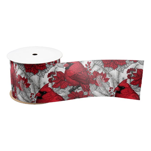 Lazo De Raso Cardenales y poinsettia en rojo y blanco (Carrete)