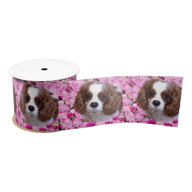Lazo De Raso Cavalier King Charles Spaniel Peonies (Carrete)