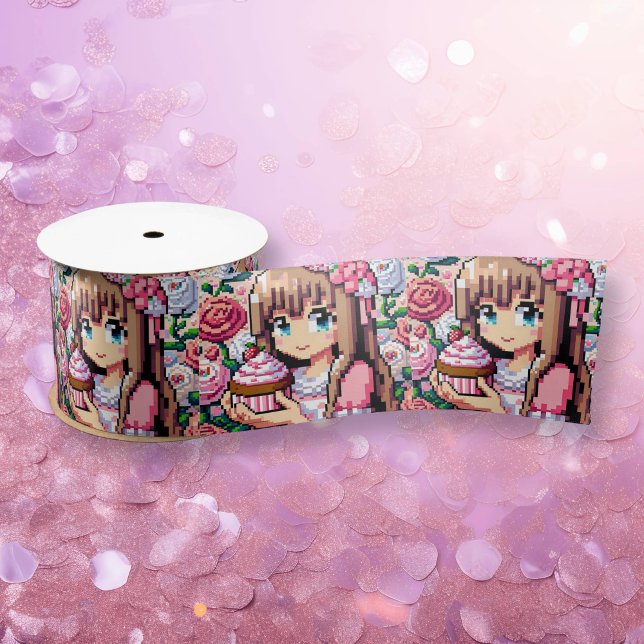Lazo De Raso Chica de Arte Pixel Rosa Cupcake de cumpleaños (Subido por el creador)
