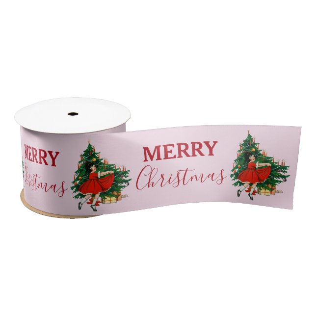 Lazo De Raso Chica de Navidad Retro Feliz Navidad Árbol rosa (Carrete)