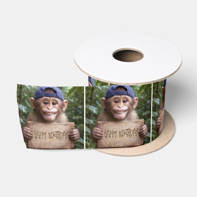 Lazo De Raso Chimpancé con letrero de Feliz Cumpleaños (Carrete)