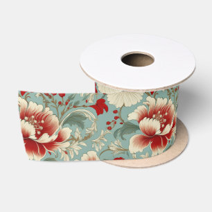 Lazo De Raso Chinoisería floral roja, crema y verde