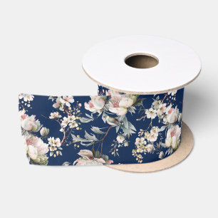 Lazo De Raso Chinoiserie Flor y Pájaro Azul Marino