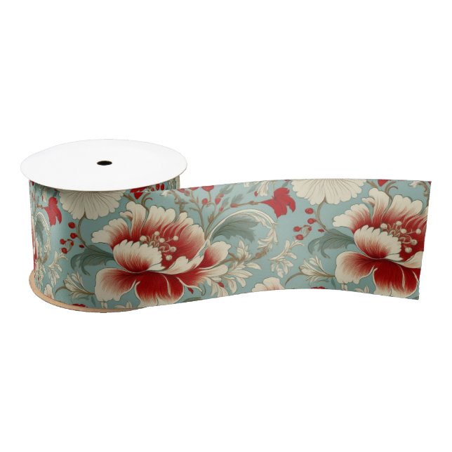 Lazo De Raso Chinoiserie floral roja, crema y verde (Carrete)