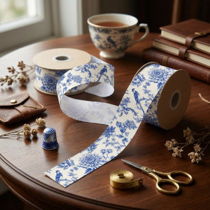 Lazo De Raso Chinoiserie Pagoda Floral Azul y Blanco Vintage