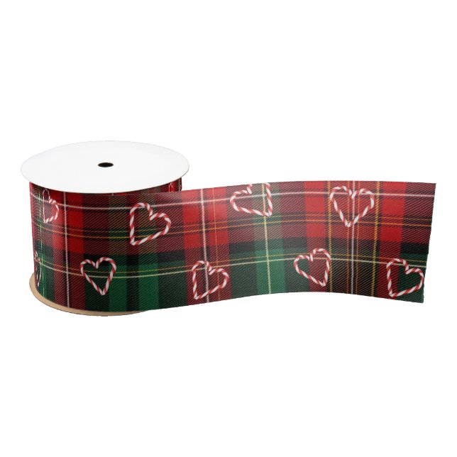 Lazo De Raso Christmas Candy Cane Hearts On Tartan Plaid (Carrete)