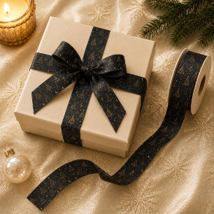 Lazo De Raso Cinta con patrón de árbol de Navidad celestial dor