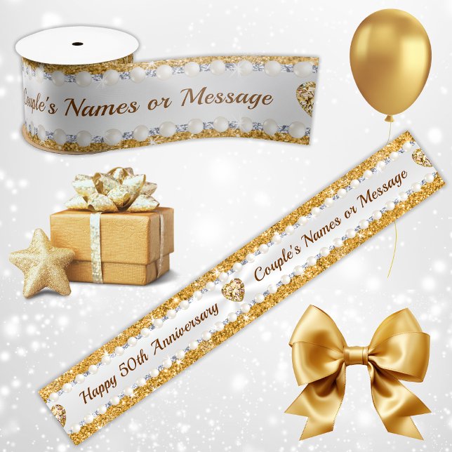 Lazo De Raso Cinta de 50 Aniversario, Gorgeous Personalized, (50th Wedding Anniversary Ribbons. 50th gift wrapping, Golden Anniversary Party Favors, Decorations.)