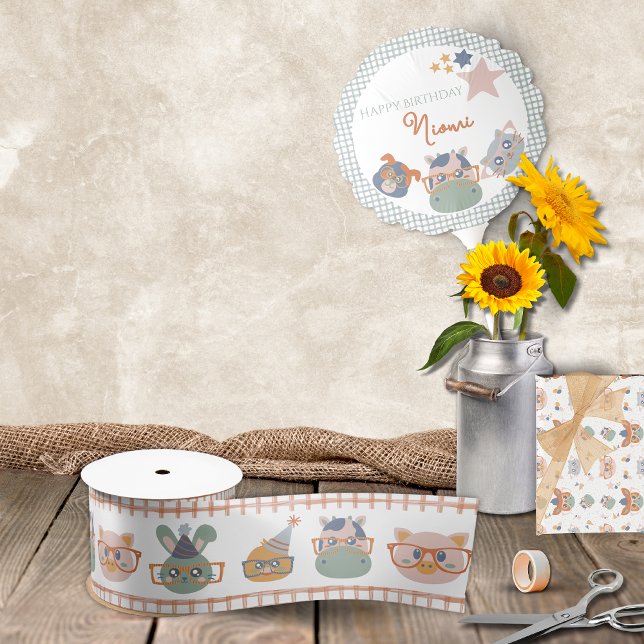 Lazo De Raso Cinta de ajuste de regalo para animales (Farm Animal Birthday Ribbon Pig Bunny Chicken Cow Gingham Border Pattern )