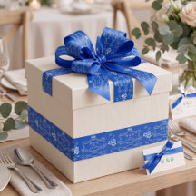 Cinta de Boda de Floral Monograma Azul Real Blanco