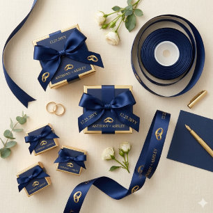 Lazo De Raso Cinta de boda personalizada azul marino dorada ele