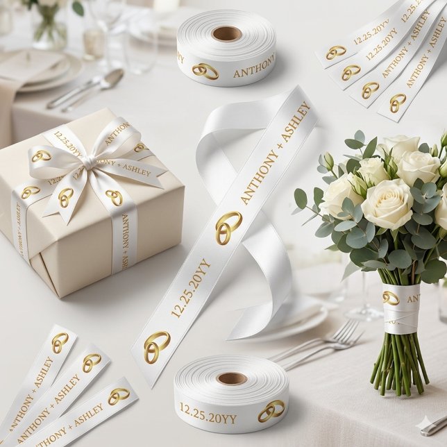 Lazo De Raso Cinta de boda personalizada de oro blanco elegante (Elegant White Gold Personalized Wedding Ribbon)