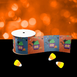 Lazo De Raso Cinta de Halloween con Naranja y gato azul negro
