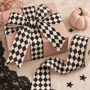 Lazo De Raso Cinta de Halloween Harlequin de Crema Negra