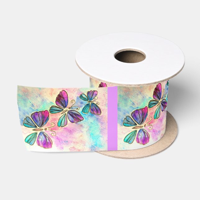 Lazo De Raso Cinta de mariposas púrpura (Carrete)