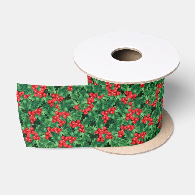 Lazo De Raso Cinta de Navidad de Acebo con Acuarela (Carrete)