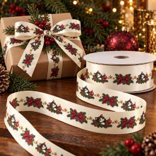 Lazo De Raso Cinta de Navidad de seda grosgrain con gato esmoqu