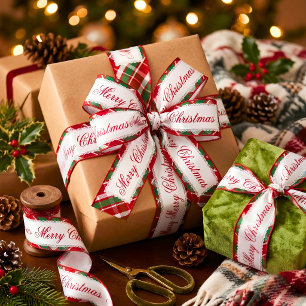 Lazo De Raso Cinta de Navidad de Tartán Rojo Verde con Encaje