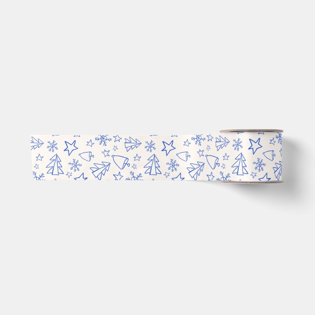 Lazo De Raso Cinta de Navidad Doodle Azul (Anverso)