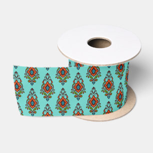 Lazo De Raso Cinta de patrón de Damasco azul y naranja 2 yardas